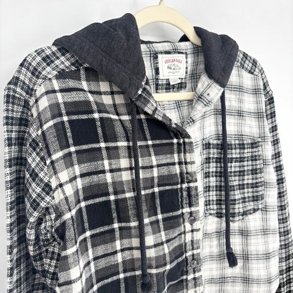 American Eagle Black and White Oversized Plaid Cropped Hoodie Size XS - Picture 3 of 8